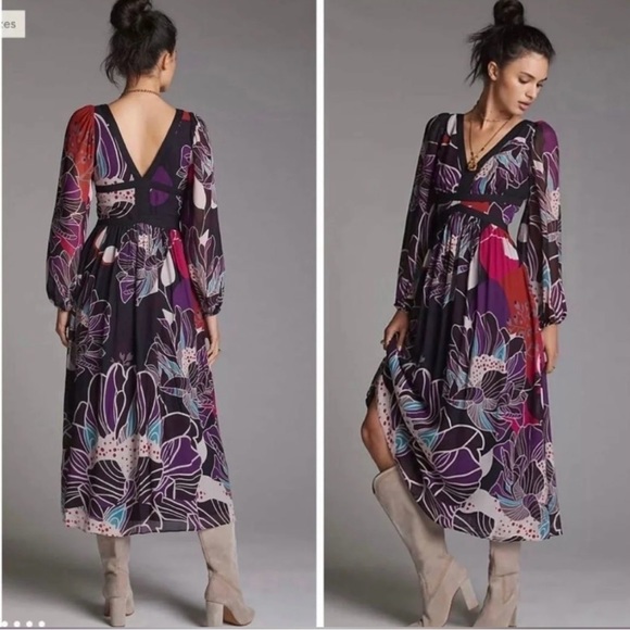 Anthropologie Dresses & Skirts - New! LET ME BE ANTHROPOLOGIE FLORAL MIDI DRESS BLACK BOHO